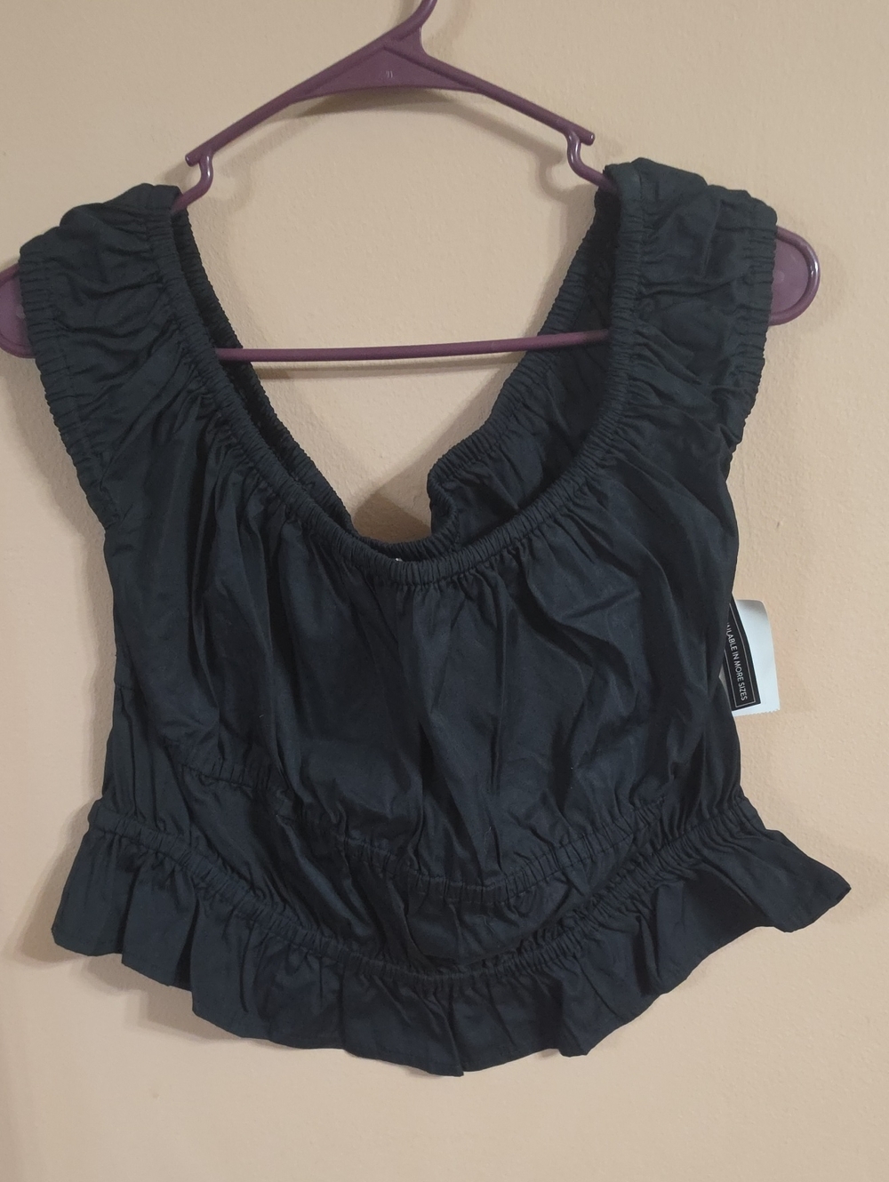 Black Ruffle Hem Crop Top with Elastic Waistband